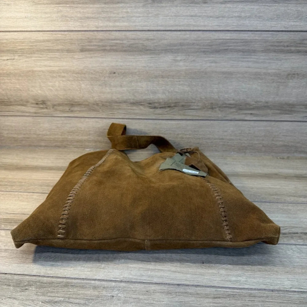 Vilenca Holland Suede Slouchy Hobo Shoulder Bag Earthy Brown Whipstitch Boho